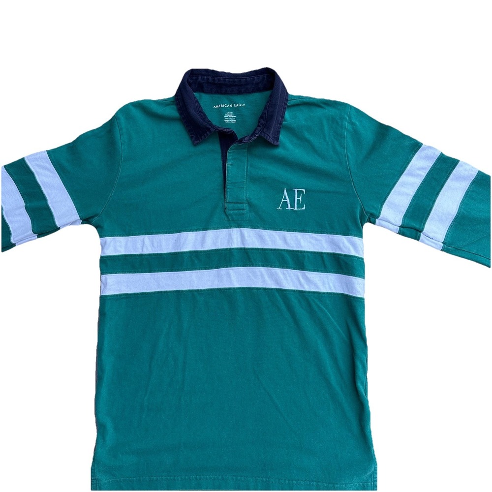 VTG AE Outfitters Color Block Rugby Long Sleeve Polo Shirt S Y2K Throwback Green
